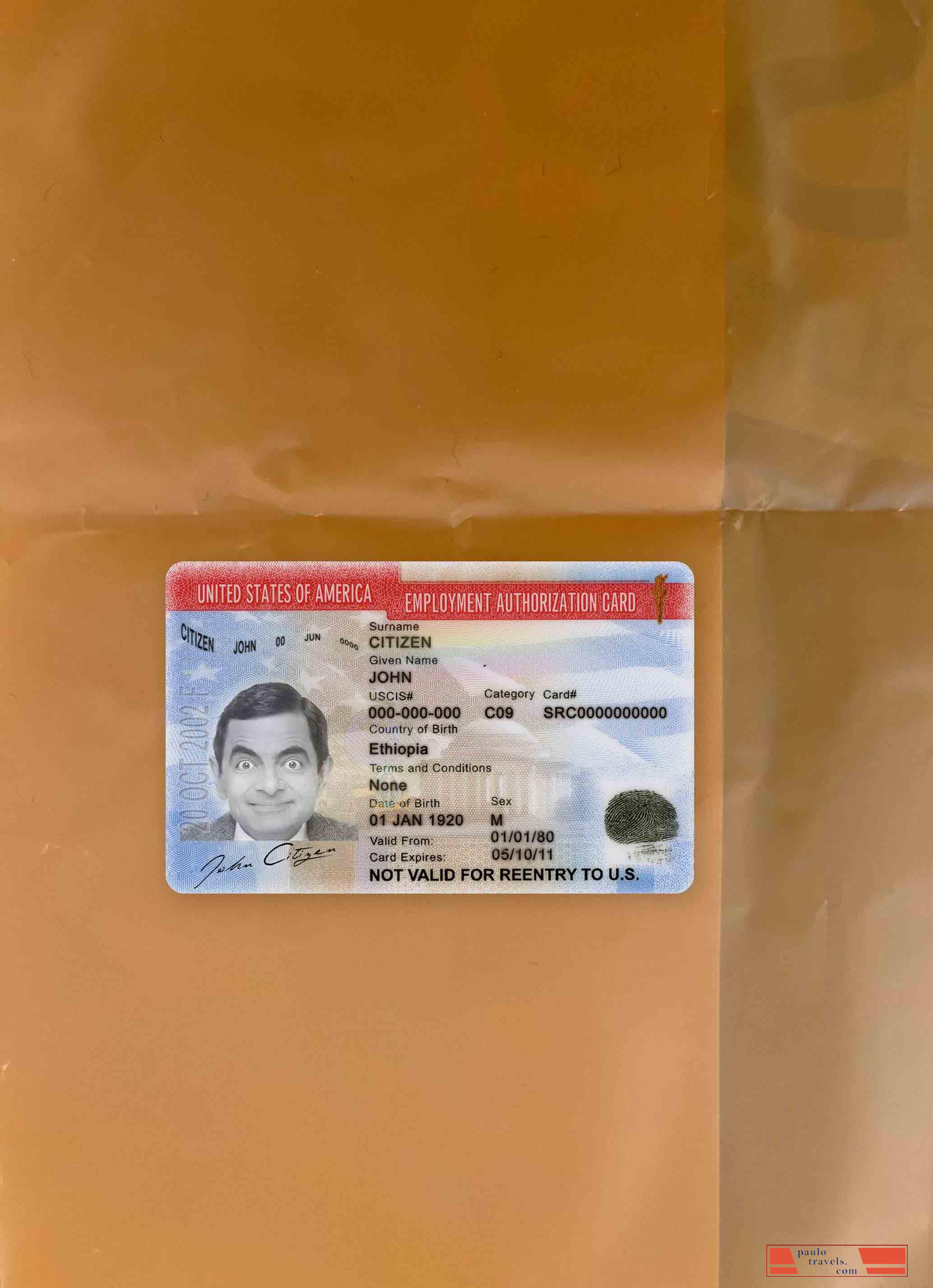 USA employment authorization card version 2 photolook FRONT PSD template